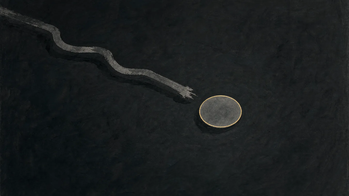 Ink-wash artwork of a circuit path meeting a five-node gold ring