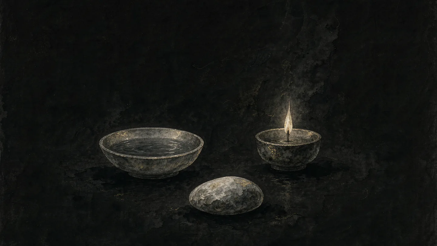 Ink-wash artwork of three small vessels holding water, flame and stone