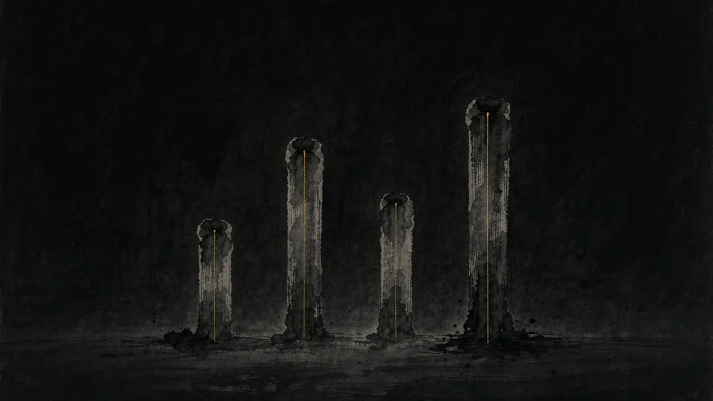 Ink-wash artwork of four pillars of different heights with thin gold plumb lines