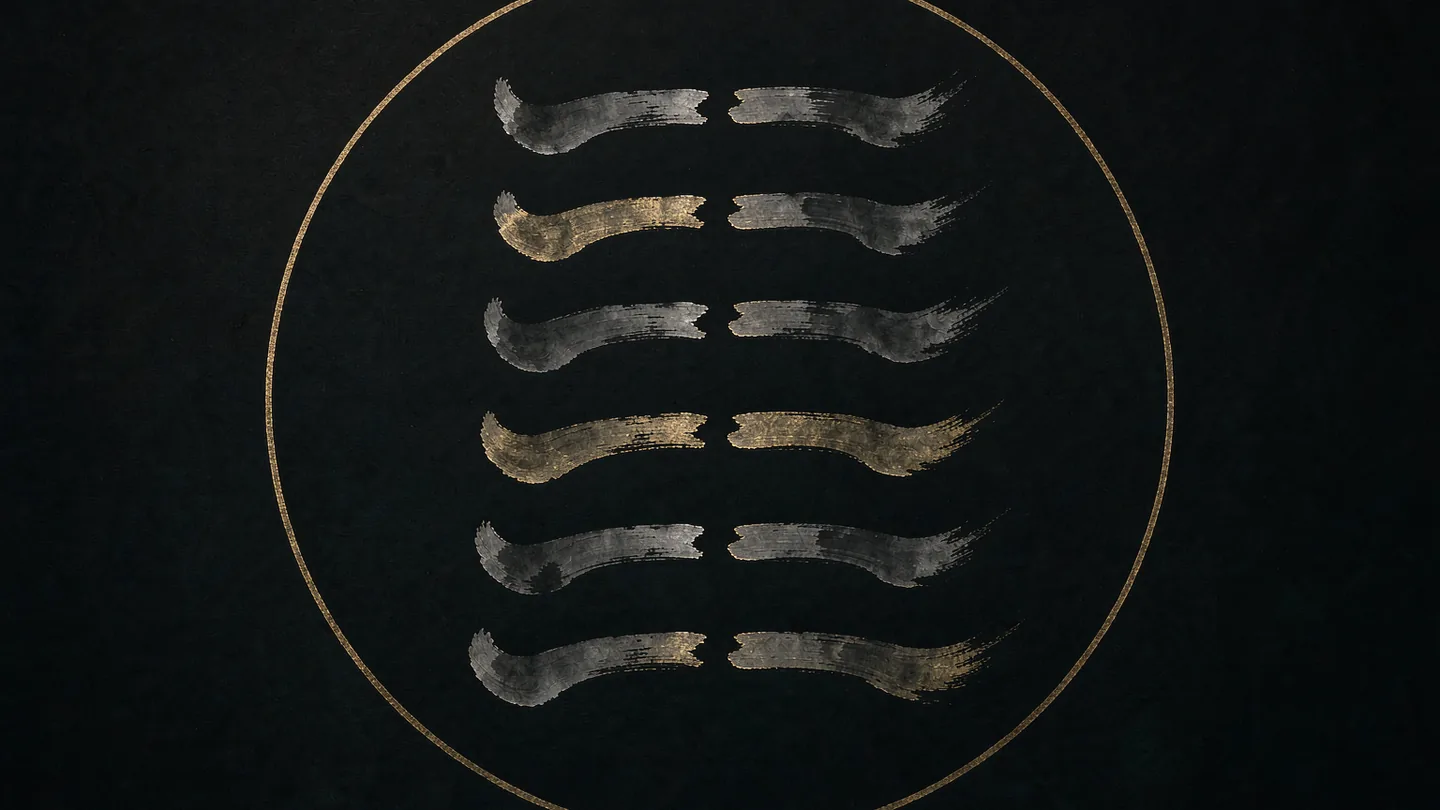Ink-wash artwork of six broken yin lines stacked inside a thin gold circle