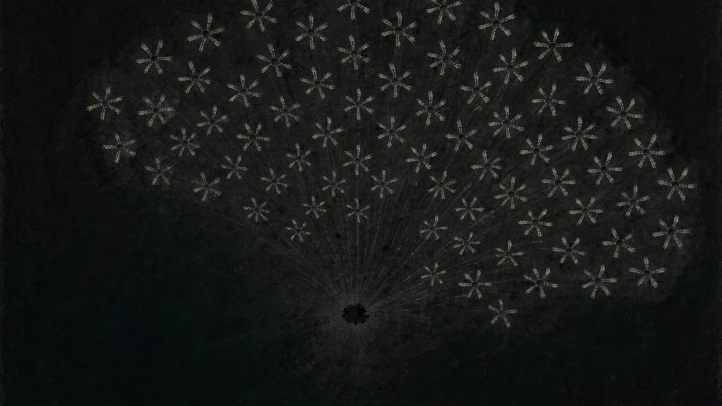 Ink-wash artwork of many small line-stacks fanning out from one point