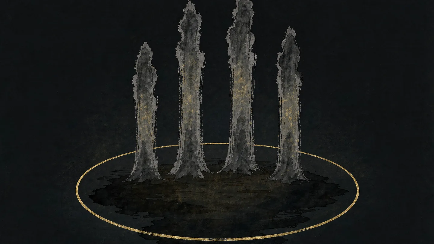 Ink-wash artwork of four slender columns rising inside a thin gold circle on a dark ground