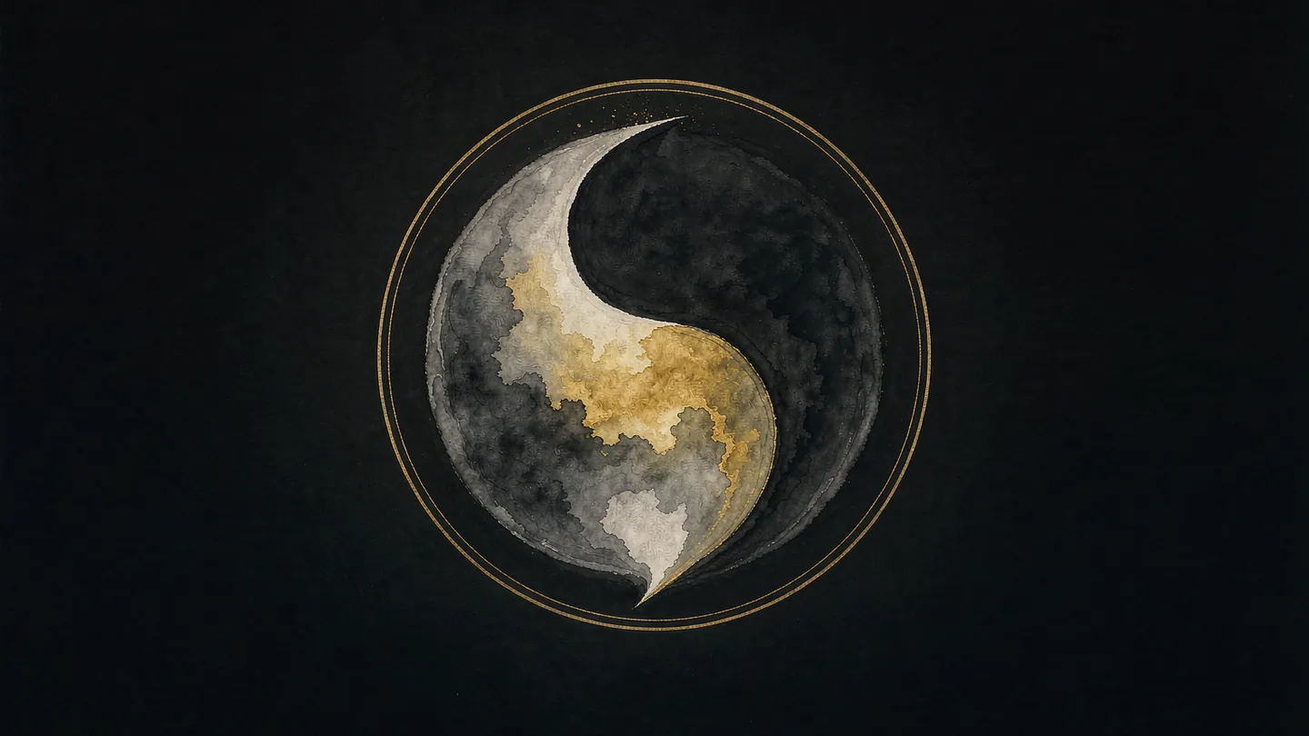 Ink-wash artwork of a taiji swirl inside a thin gold circle